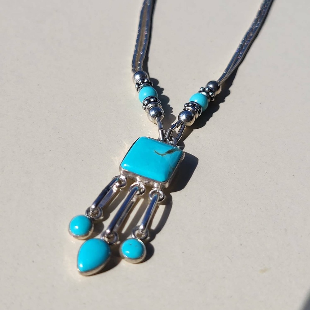 Vintage Q.T. 925 Sterling Silver Turquoise Liquid Silver Pendant Necklace - Picture 8 of 13